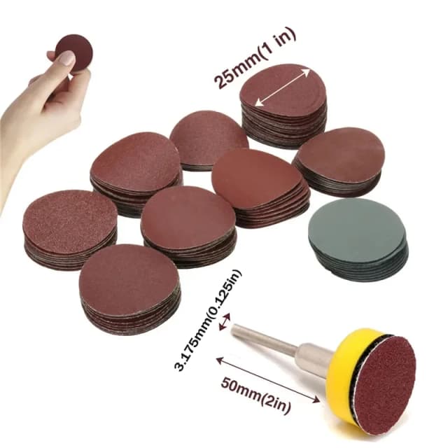 100 pièces 25mm/1 pouce papier de verre + 1 pièces 1 pouce crochet boucle plaque de support 1/8 pouces tige + 1 pièces boucle tampon de ponçage abrasifs polissage mixte
