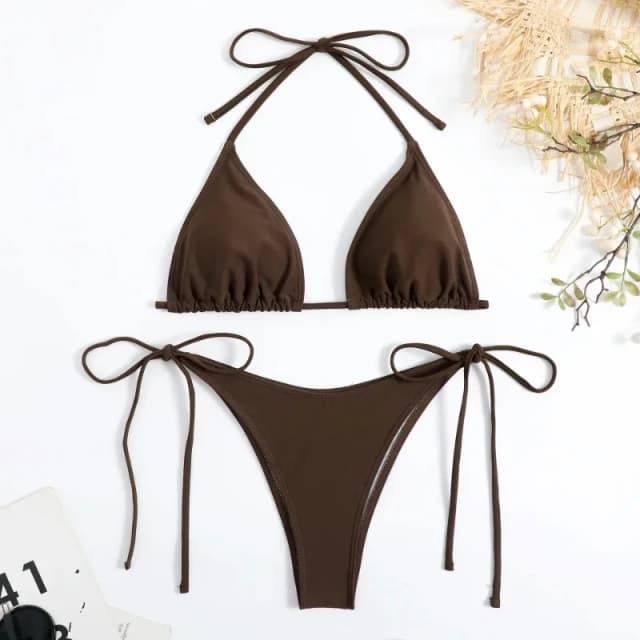 Sexy femmes string couleur unie Bikini ensemble côté licou cravate maillot de bain dames sangle fendue réglable maillot de bain brésilien maillots de bain