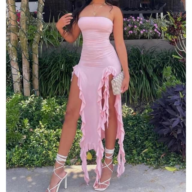 Mini robe sans bretelles pour femmes, Sexy, ourlet pliable, fente haute, couleur unie, dos nu, sans manches, robe de soirée noire et rose, 2024