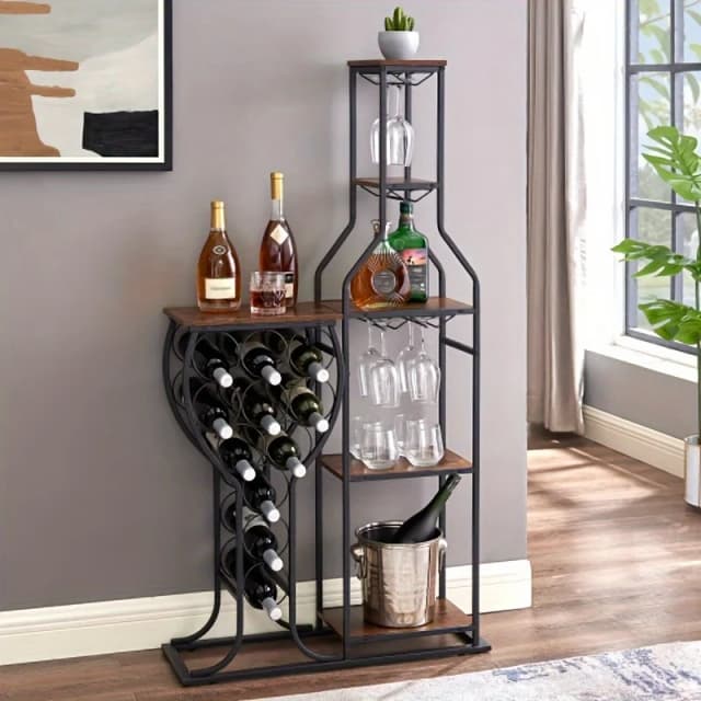 1PC 11 Bottle Wine Bakers Rack, Étagère à vin autoportante à 5 niveaux avec porte-verres suspendus et étagères de rangement, pour bar à domicile, spiritueux et vin