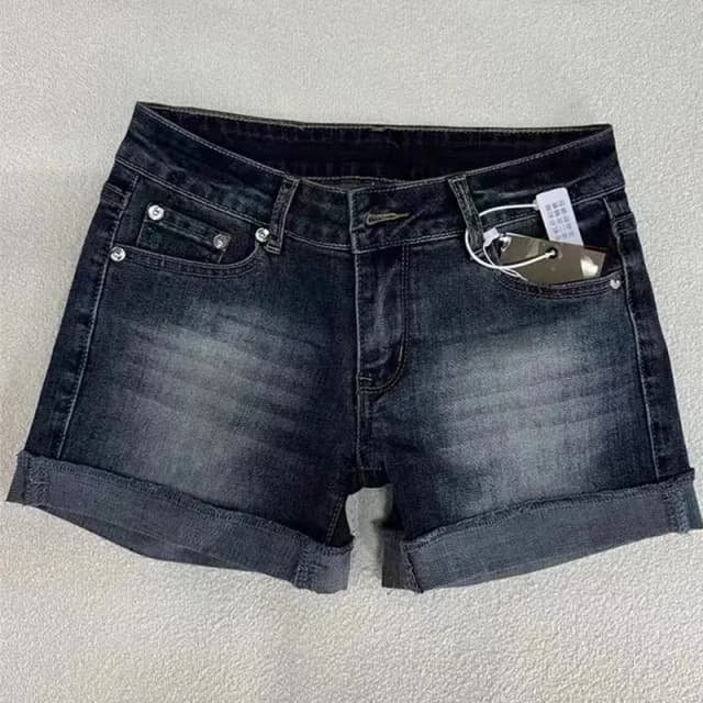 Rétro retrousser ourlet bleu profond Denim Shorts femmes été Sexy taille basse hanche couvrant pantalons chauds américain en détresse lavé Jean court
