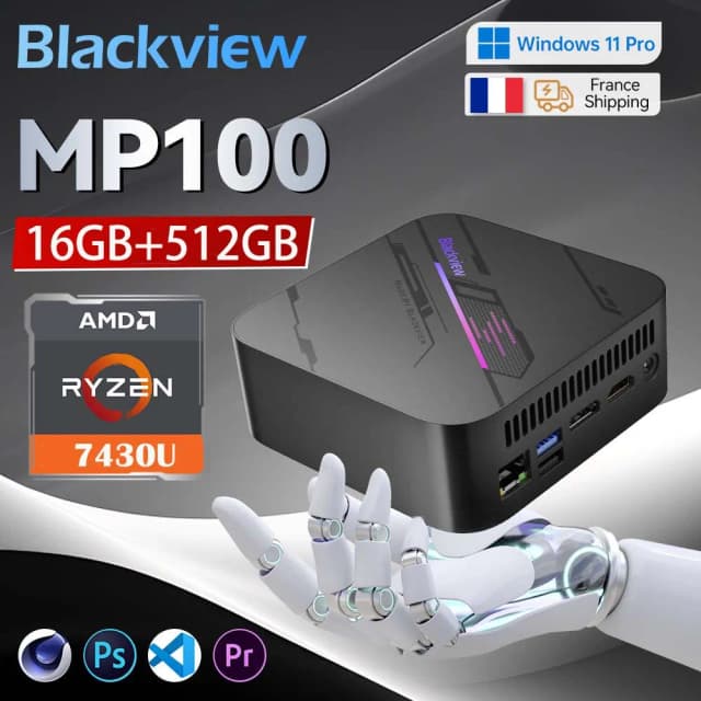 Blackview MP100 Mini PC 7430U 16 Go +512Go/32Go+1To WiFi 6 Windows 11 Pro AMD 6 cœurs 12 threads Mini ordinateur PC BT5.2
